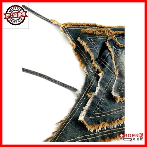 Denim Halter Top Y2K Backless Tie Back Raw Hem Crop Party Club Wear - Picture 4 of 4